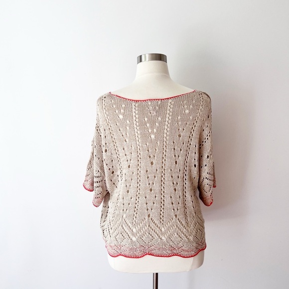 Sundance Beige Openwork Knit Blouse with Orange Trim, Casual Beach Coastal - Picture 3 of 6